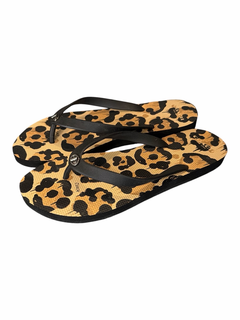 Coach Leopard Print Flip Flops Silver Turnlock Hardware Women’s Size 9-10